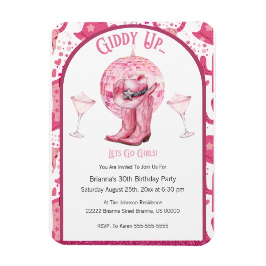 Magnet Flexible Jolie fille rose et Parties scintillant Invitation (Vertical)