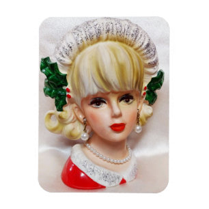 Magnet Flexible Jolie Noël Fille Tête Vase Holly et fourrure