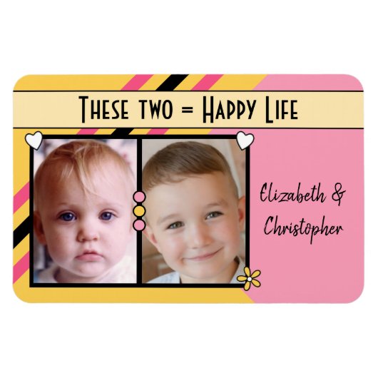 Magnet Flexible Joyeuse vie ajouter 2 photos et noms rose jaune (Horizontal)