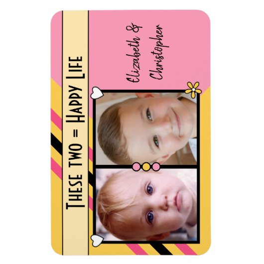 Magnet Flexible Joyeuse vie ajouter 2 photos et noms rose jaune (Vertical)