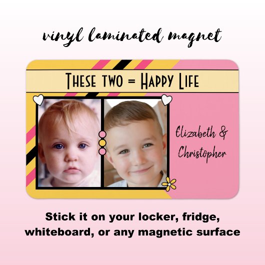 Magnet Flexible Joyeuse vie ajouter 2 photos et noms rose jaune