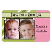 Magnet Flexible Joyeuse vie ajouter 2 photos et noms vert rose (Horizontal)