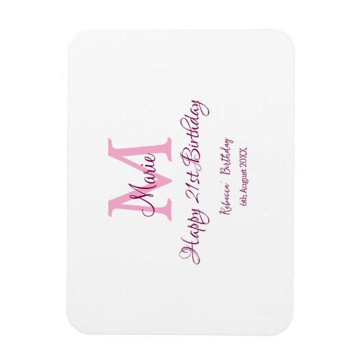 Magnet Flexible Joyeux 21e Anniversaire rose ajouter nom monogramm (Vertical)