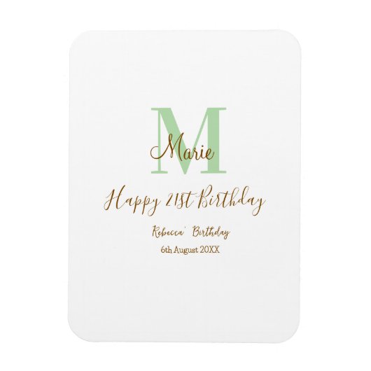 Magnet Flexible Joyeux 21e Anniversaire vert ajouter nom monogramm (Vertical)