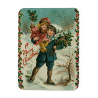 Joyeux Noël - carte postale rétro, enfants, houx