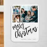 Magnet Flexible Joyeux Noël famille moderne photo collage<br><div class="desc">Style moderne Joyeux Noël noir et blanc script de calligraphie manuscrite 3 photos de famille simple blanc vacances gardien aimant festif avec votre texte personnalisé.</div>