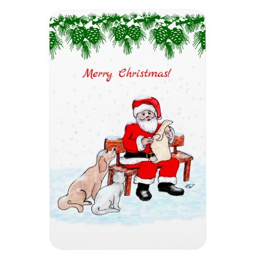 Magnet Flexible Joyeux Noël - Père Noël avec chat et chien (Vertical)