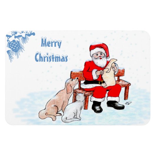 Magnet Flexible Joyeux Noël - Père Noël avec chat et chien (Horizontal)