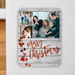 Magnet Flexible Joyeux Noël rouge photo collage rustique<br><div class="desc">Style rustique Joyeux Noël manuscrit script de calligraphie 3 photos de famille grange bois férié aimante de conservation avec votre texte personnalisé avec une branche de baies saintes rouge cramoisi.</div>