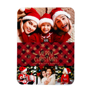 Magnet Flexible Joyeux Noël Rouge Plaid Gold Snowflakes 4 Photos