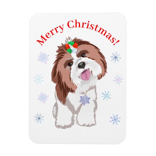Magnet Flexible Joyeux Noël Shih Tzu Avec Un Chien À Feu De Neige (Vertical)