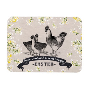 Magnet Flexible Joyeux Pâques. Cadeau vintage de coq et poules