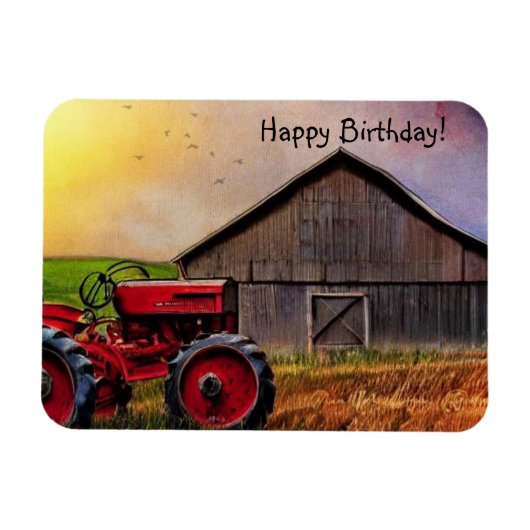Magnet Flexible Joyeux tracteur d'anniversaire et grange (Horizontal)