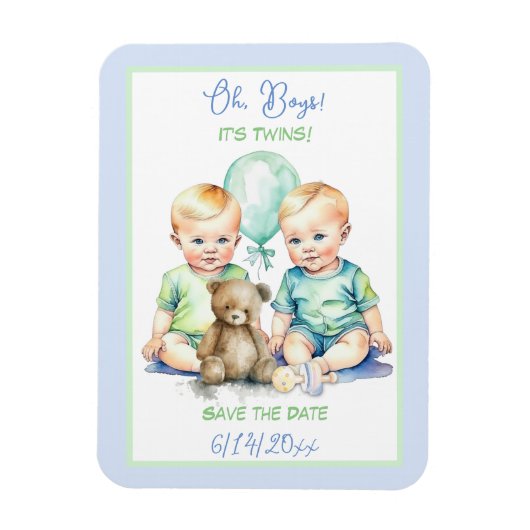 Magnet Flexible Jumeaux Garçons Baby Shower Save the Date (Vertical)