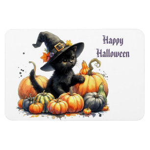 Magnet Flexible Kitten d'Halloween noir avec Citrouilles et Casque