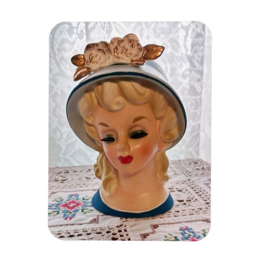 Magnet Flexible Lady Head Vase Blonde Ado Blue Casquette Flower (Vertical)