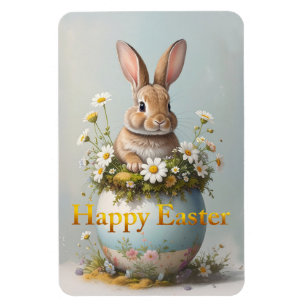 Magnet Flexible Lapin de Pâques vintage avec des marguerites