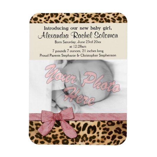 Magnet Flexible Leopard Rose Bow Girl Baby Faire-part de naissance (Vertical)