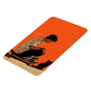 Magnet Flexible Les ados sitting on skateboard and next to his cat