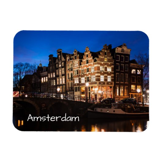 Magnet Flexible Les maisons du canal d'Amsterdam la nuit (Horizontal)