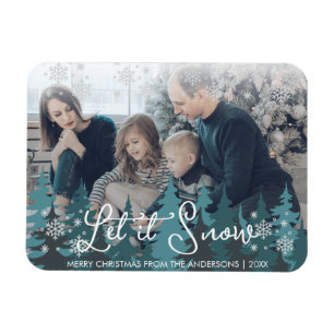 Magnet Flexible Let It Snow   Modern Teal Green Trees Family Photo