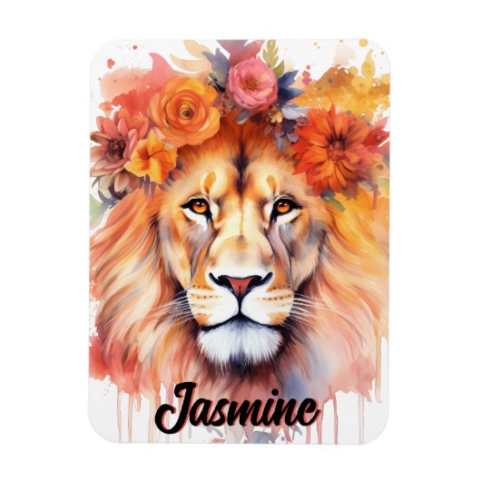 Magnet Flexible Lion Pastel Fleurs Safari Aquarelle Savannah Chat (Vertical)