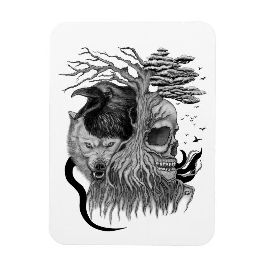 Magnet Flexible Loup et corbeau avec crâne (Vertical)