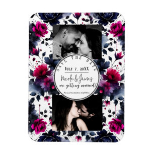 Magnet Flexible Magenta Rose Bleu Floral Aquarelle Encre Date à Sa