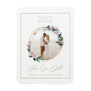 Magnet Flexible Magnolia Floral Gold Circle Photo Save the Date