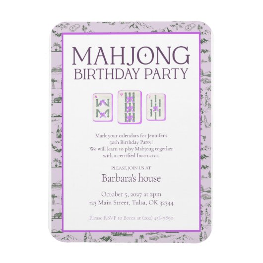 Magnet Flexible Mahjong Birthday Party Invitation, purple toile (Vertical)