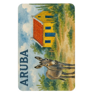 Magnet Flexible Maison cunucu jaune d'Aruba avec âne aquarelle