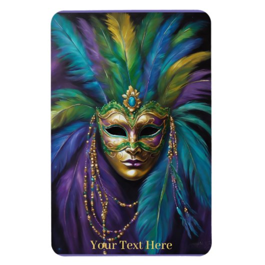 Magnet Flexible Mardi Gras Masque perles de plumes Carnaval Texte (Vertical)