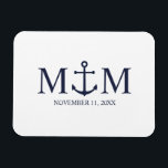 Magnet Flexible Mariage Ancre bleu marine<br><div class="desc">Ajoutez une touche élégante à votre mariage nautique avec cette faveur de mariage marine bleu ancre classique. Conçu avec une illustration d'ancre bleu marine, il présente un monogramme personnalisé de mariée et de mariée et la date de mariage dans une police serif bleu marine sur un arrière - plan blanc....</div>