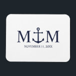 Magnet Flexible Mariage Ancre bleu marine<br><div class="desc">Ajoutez une touche élégante à votre mariage nautique avec cette faveur de mariage marine bleu ancre classique. Conçu avec une illustration d'ancre bleu marine, il présente un monogramme personnalisé de mariée et de mariée et la date de mariage dans une police serif bleu marine sur un arrière - plan blanc....</div>