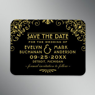 Magnet Flexible Mariage Art Déco Vintage Noir et Or Save the Date