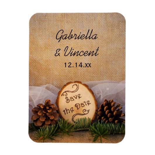 Magnet Flexible Mariage de bois de pins rustiques Sauvez la date (Vertical)