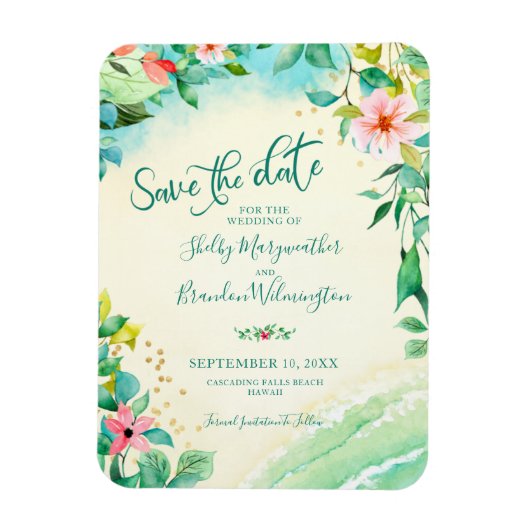 Magnet Flexible Mariage de plage tropicale SAVE LA DATE Floral (Vertical)
