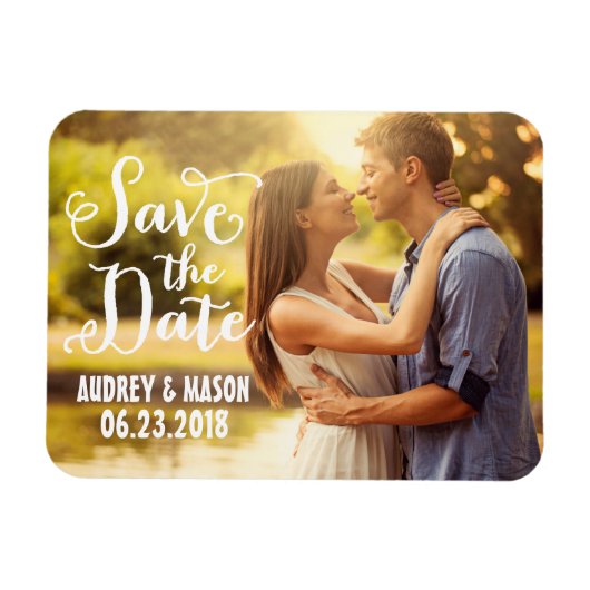 Magnet Flexible Mariage de script blanc rustique photo Enregistrer (Horizontal)