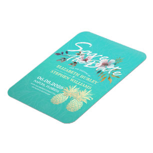 Magnet Flexible Mariage Enregistrer La Date Ananas D'Or Roses Turq