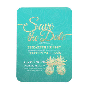 Magnet Flexible Mariage Enregistrer La Date Ananas D'Or Roses Turq