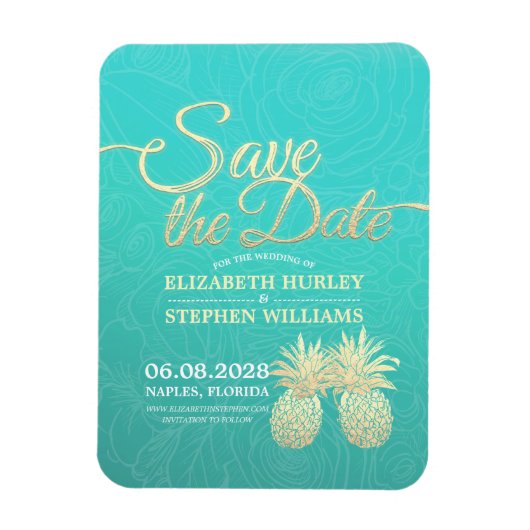 Magnet Flexible Mariage Enregistrer La Date Ananas D'Or Roses Turq (Vertical)