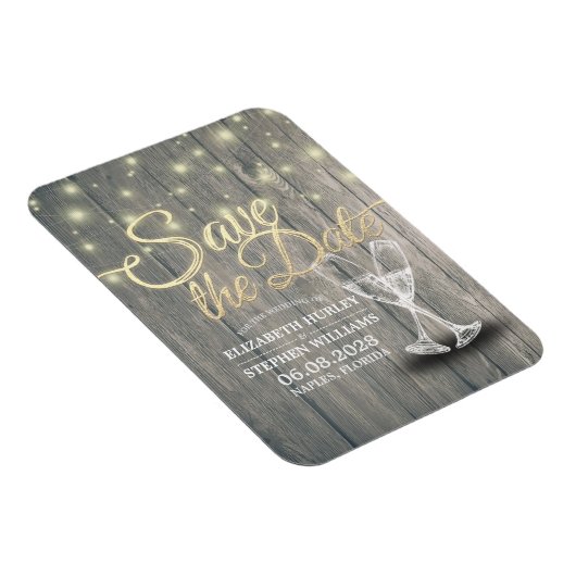 Magnet Flexible Mariage Enregistrer La Date Champagne Verres Bois (Côté Droit)