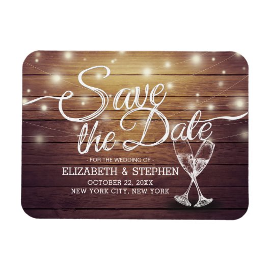 Magnet Flexible Mariage Enregistrer La Date Champagne Verres Bois  (Horizontal)