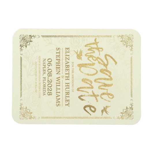 Magnet Flexible Mariage Enregistrer La Date Gold Script Floral Fra (Horizontal)