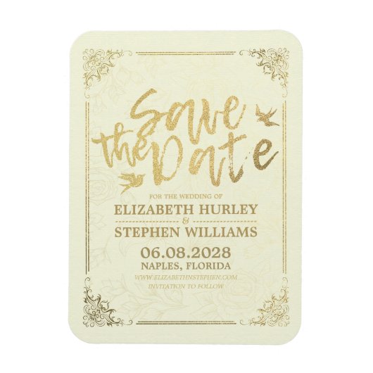 Magnet Flexible Mariage Enregistrer La Date Gold Script Floral Fra (Vertical)