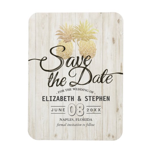 Magnet Flexible Mariage Enregistrer La Date Or Ananas Bois Rustiqu (Vertical)