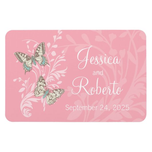Magnet Flexible Mariage enregistrer la date papillons aimant rose (Horizontal)