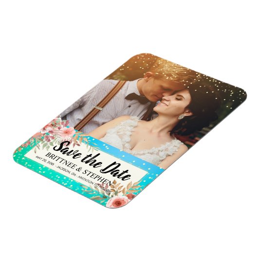 Magnet Flexible Mariage Enregistrer La Date Photo Floral Turquoise (Côté Gauche)