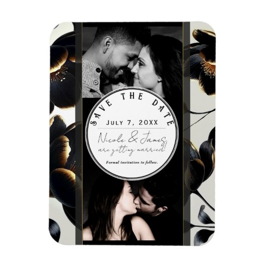 Magnet Flexible Mariage Floral Noir & Or Save the Date Greige (Vertical)