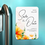 Magnet Flexible Mariage moderne et élégant orange enregistrer la d<br><div class="desc">Des modèles romantiques aux couleurs orange, des fleurs sauvages oranges et des feuilles d'eucalyptus twig sur l'arrière - plan aquarelle. Magnet Réservez la date mariage de automne rustique fleur sauvage pastel. Mariage minimaliste enregistrez les cartes d'invitation à l'aimant date avec décor élégant composition en fleurs d'herbes oranges. Mariage d'hiver d'automne...</div>
